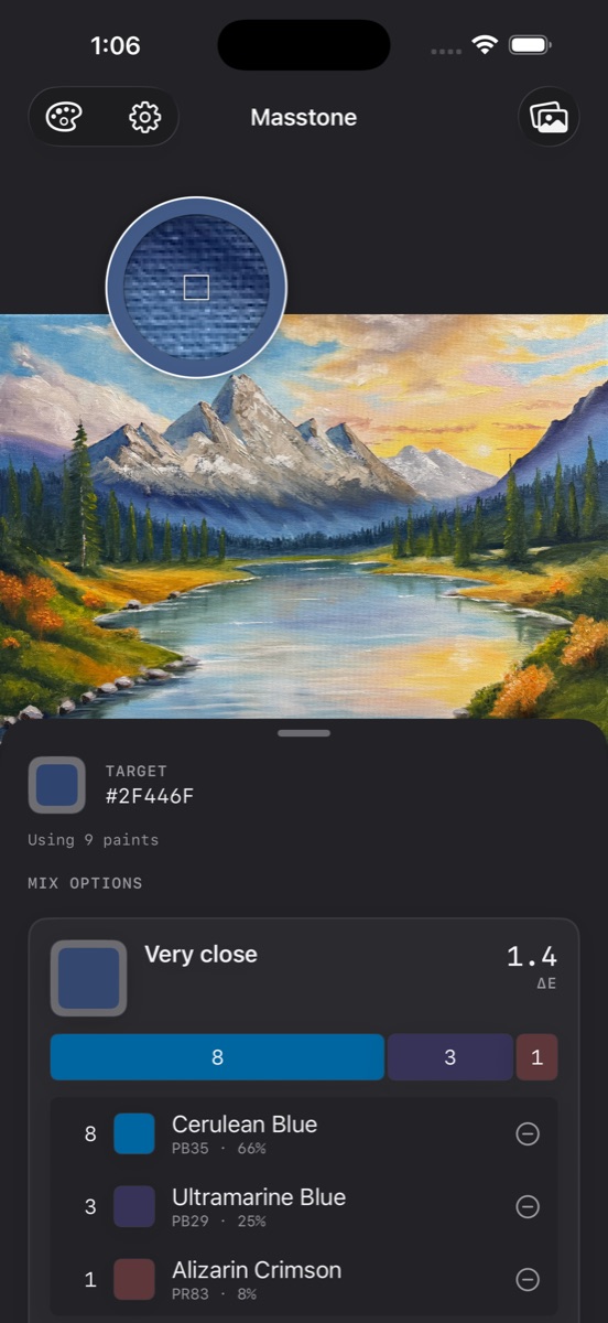 Sampling a color from a photograph of a painting, with the matching mix listed below