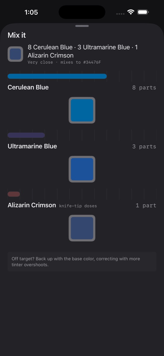 Step-by-step mixing instructions showing the pile's color after each paint is added