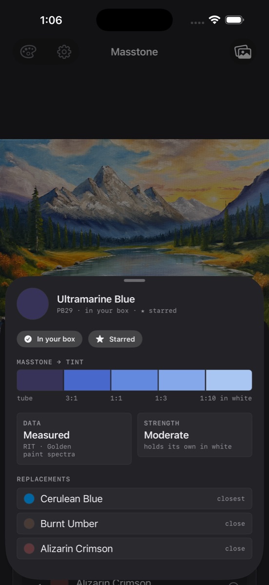 A pigment sheet for Ultramarine Blue with its tint ladder, tinting strength and replacements