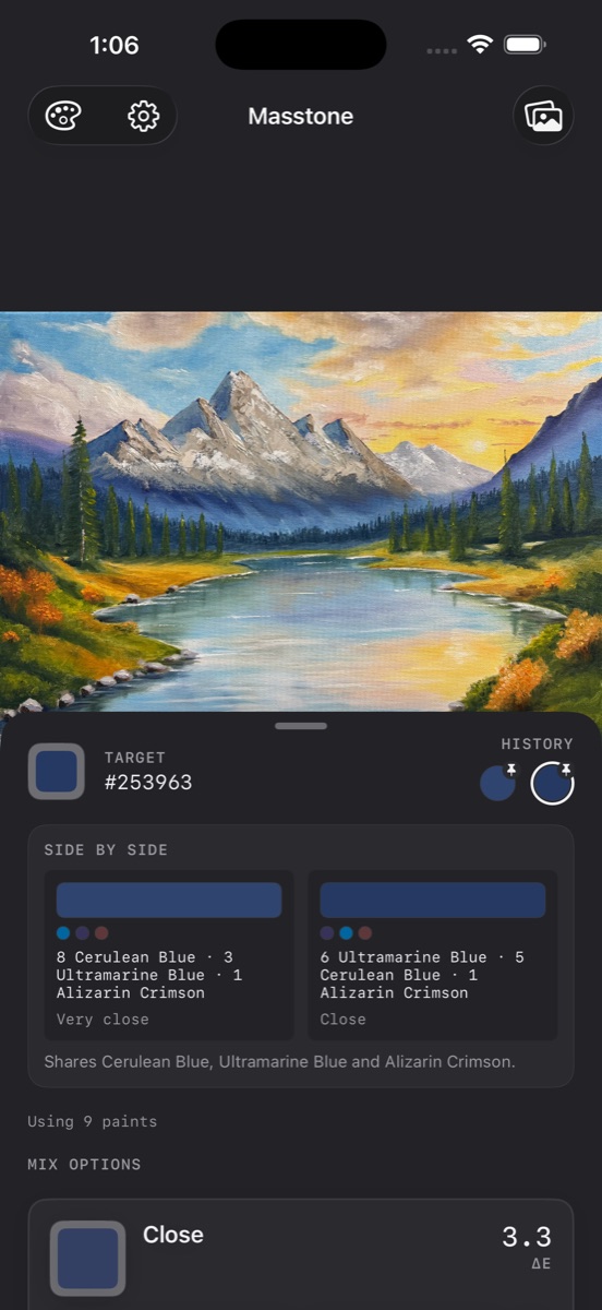 Two pinned colors compared side by side with the paints they share
