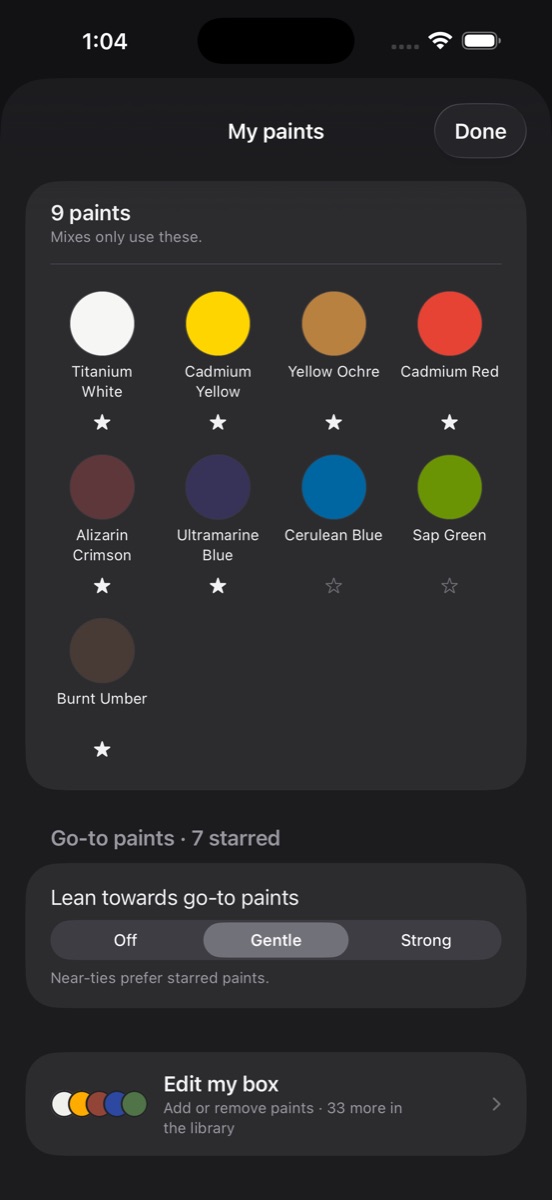 The My Paints screen showing the nine tubes in your box, with go-to paints starred